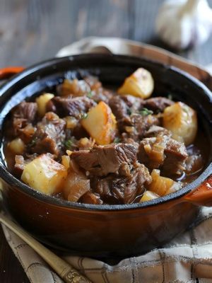  Lancashire Hotpot : Une symphonie réconfortante de viande tendre et de légumes savoureux cuits à la perfection sous une couche dorée de pommes de terre !